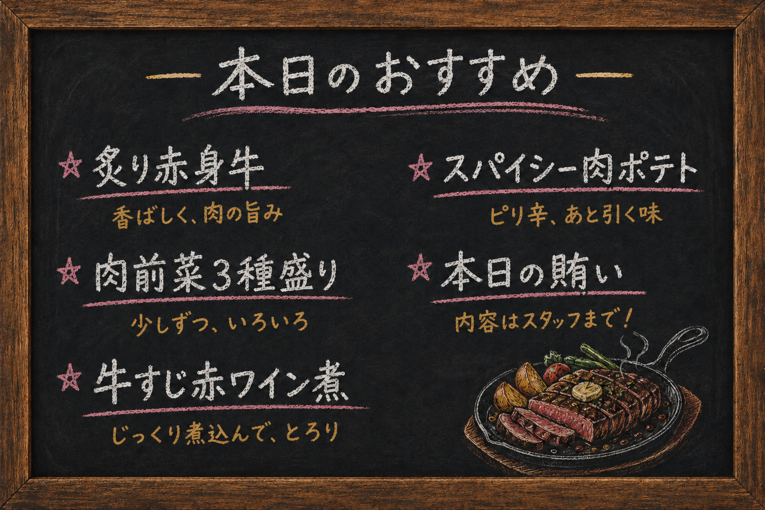 本日の賄いと肉料理を描いたGravyの黒板イラスト